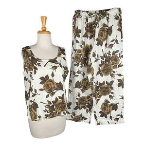 Hot Cotton 100% Linen White Green Rose Twin Set Small Tank High Waisted Pants